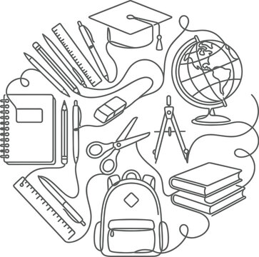 Educational icons including graduation cap and books arranged in circular pattern for learning and teaching materials