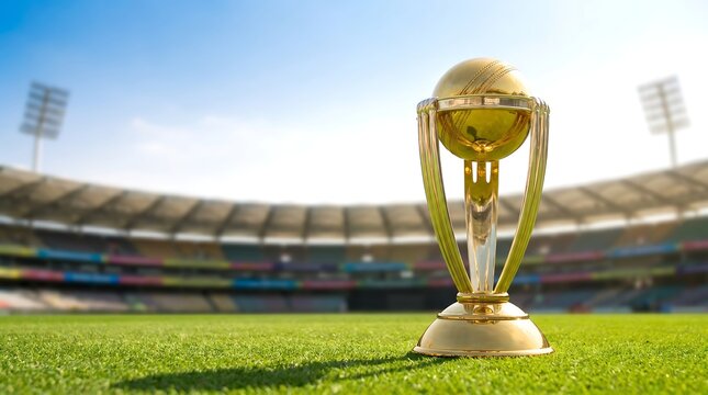 Cricket world cup trophy standing on the grass of a stadium pitch