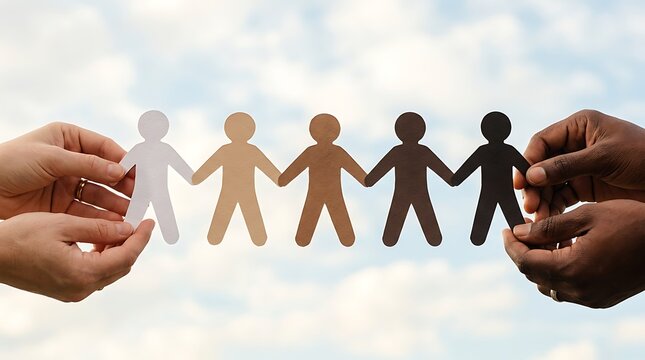 Diverse paper cutout figures linked hands against cloudy sky background diversity unity people connection