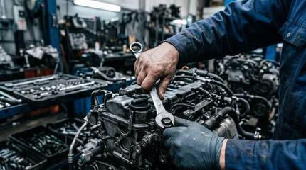 Fototapeta premium Mechanic working on car engine repair.