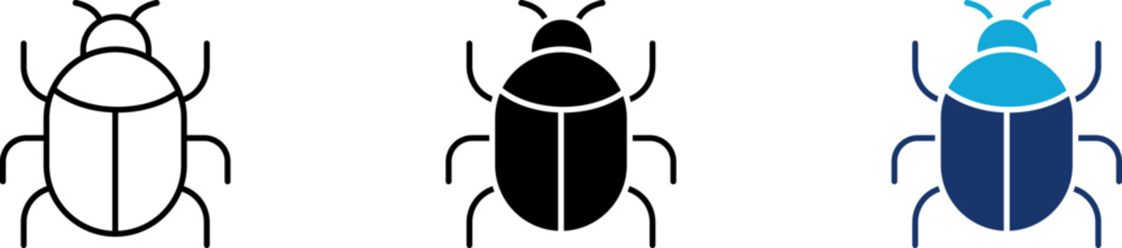 Bug icon set showing professional software error beetle with antenna and legs for cyber security malware virus system tracking program flaw and digital debugging