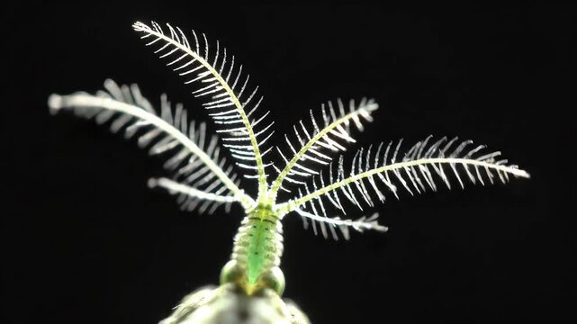 Aquatic Planktonic Larva with Green Body and Feathery Appendages