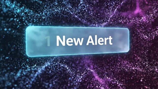 An abstract cosmic nebula background with blue and purple glowing particles and a blank futuristic rectangular frame for text or logos.