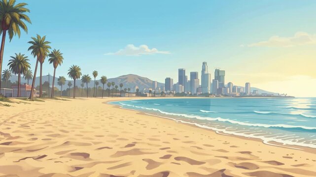 Sunny palm beach with a distant skyline creates a relaxed tropical setting for travel, freedom, and open-world style storytelling