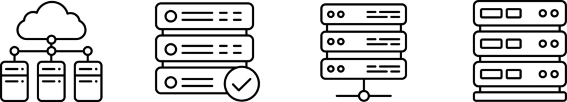 Server icon set showing professional database storage rack with cloud connection node and approved check mark for network hosting data center hardware and mainframes