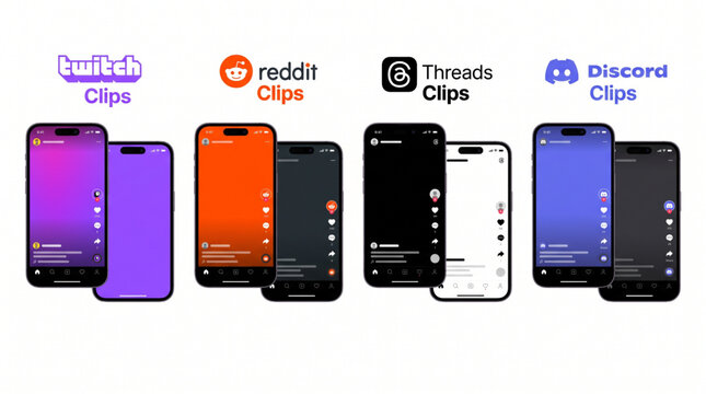 Social media vertical video clips UI mockup for Twitch, Reddit, Threads, and Discord. Mobile application interface for short-form video reels and stories with playback controls and icons.
