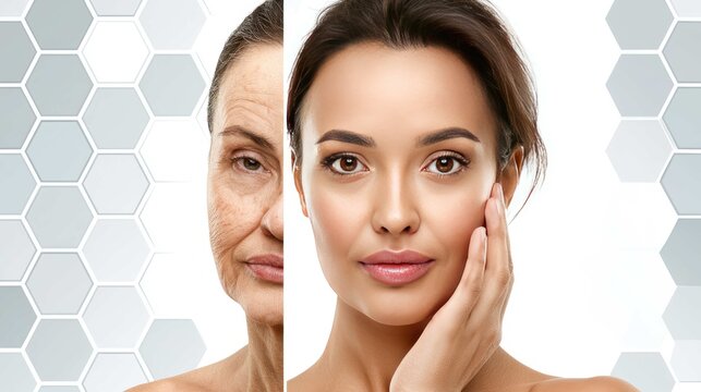 Anti-aging transformation illustration featuring before and after results with healthy skin and rejuvenation concept