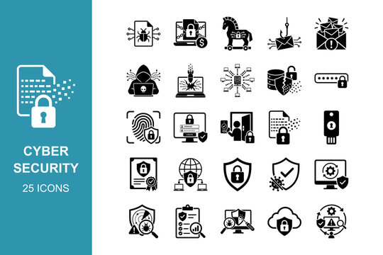Cyber Security and Data Protection Icons, Black Glyph Vector Symbols for Network Safety and Privacy