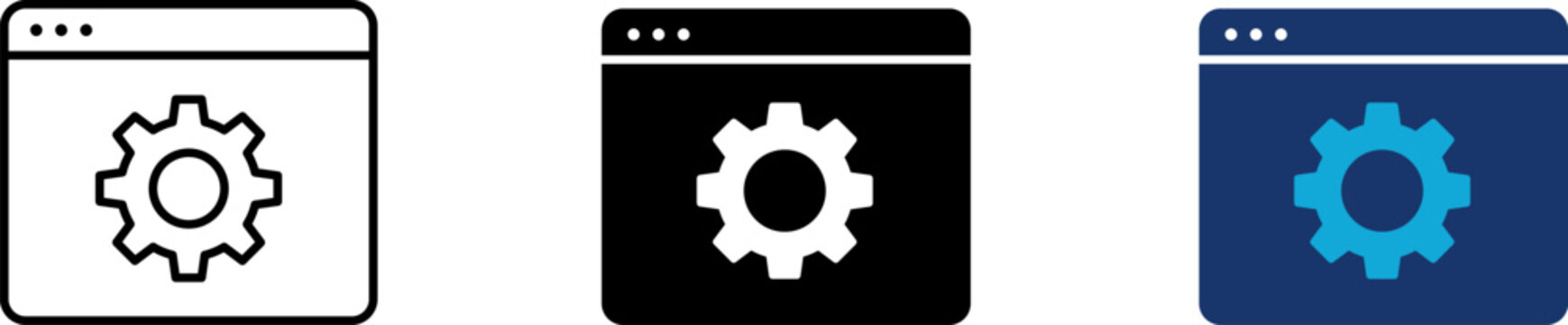 Configuration icon set showing professional mechanical gear wheel on web browser tab window page for internet app administration platform customization and system preference settings