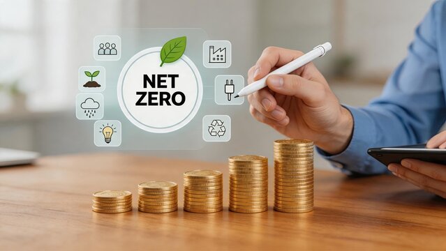 Net zero carbon emission concept with green leaf icon, hand holding pen pointing to hologram, stacks of gold coins representing investment growth, ESG finance, sustainable