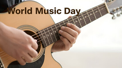 Obraz premium Musician fingers on guitar fretboard during live performance for World Music Day poster