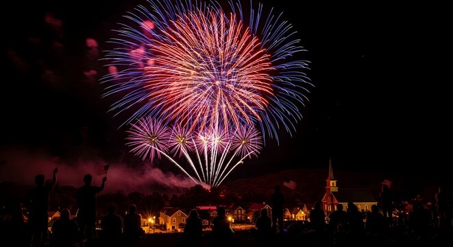 Vibrant fireworks display over town square at night