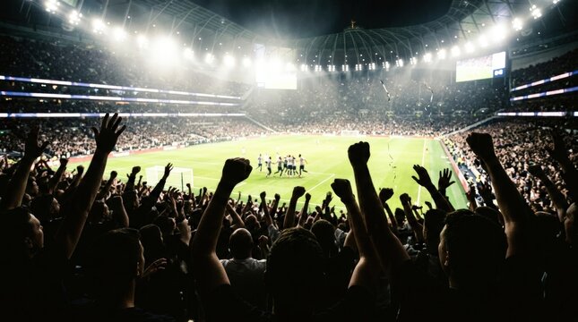 Soccer fans celebrating goal in packed stadium