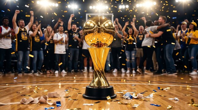Golden basketball championship trophy on court with celebrating team and confetti
