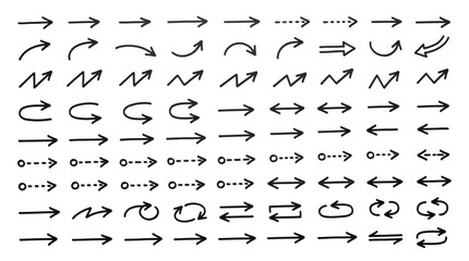 Fototapeta premium A large collection of hand drawn black arrows showcasing various styles including straight curved dotted and circular pointing indicators