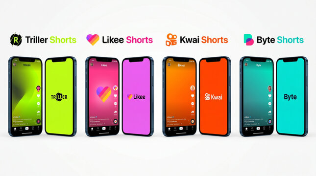 Triller Likee Kwai and Byte Shorts Mobile App UI Mockup with Video Feed and Home Screen Interface. Social Media Application Design Template on Smartphone Display for Content Creation Marketing