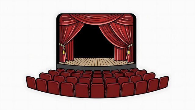 Illustration of a theater stage with red curtains and empty seats in the audience.
