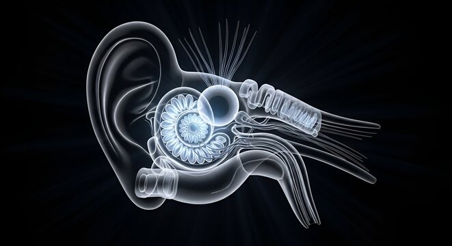 Innovative auditory device visualized with detailed inner ear and hearing aid components emphasizing advanced hearing technology