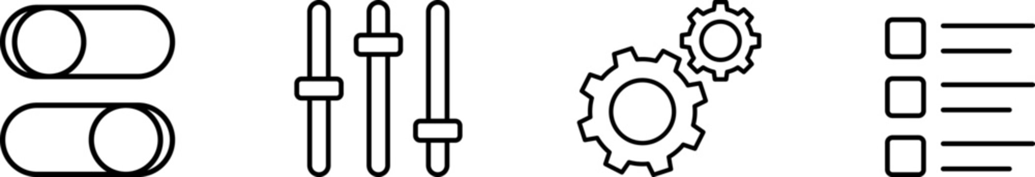 Configuration icon set showing professional toggle switches adjustment sliders interlocking gear wheels and choice check list for dashboard control panel system preference setup and optimization