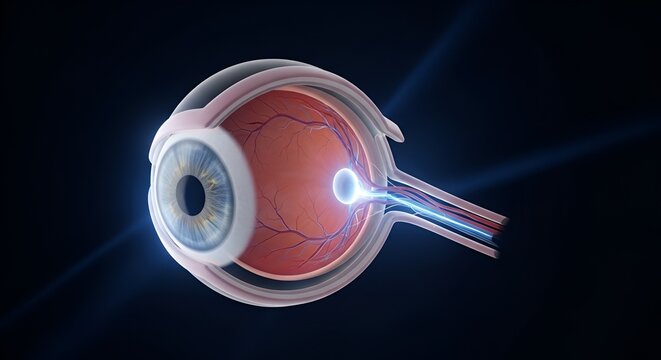 Detailed Cross-Section Illustration of Human Eye with Retina and Optical Nerve
