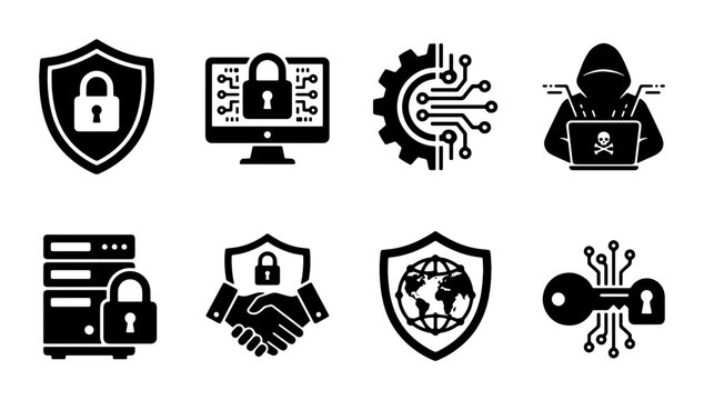 Cybersecurity Icons Set: Digital Security, Data Protection, Network Safety, Hacker Threat, Server Lock, Global Shield, Key Access