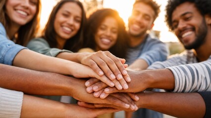 Obraz premium Young Diverse People Stacking Hands Symbolizing Unity