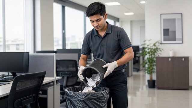 Professional Cleaner Emptying Trash in Modern Office