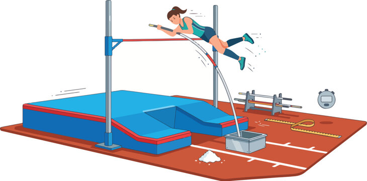 Athletic woman pole vaulting over the bar during a track and field competition, pole vault vector illustration