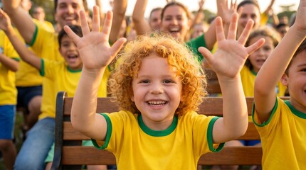 Fototapeta premium Happy child with curly hair cheering with hands raised in a crowd