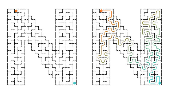 Maze illustration forming letter N with solution path for kids activity and learning