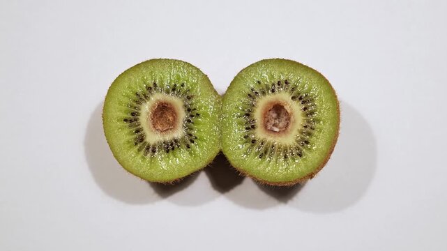 Close-up one fresh kiwi is cut in half on a white background. Rot in the center of the fruit. A spoiled product. Mold inside. Top view. Bad condition. Pareidolia - wide-open surprised eyes. Like face.