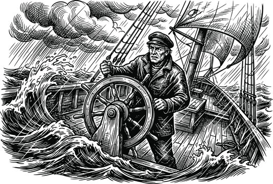 Captain steering ship wheel amidst stormy seas black and white engraving