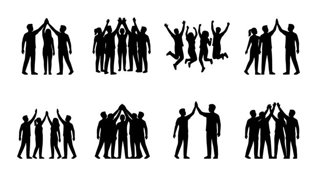 Teamwork Celebration Silhouettes, Group High Five Vector Icons, Unity and Success Symbols, Diverse People Celebrating Together