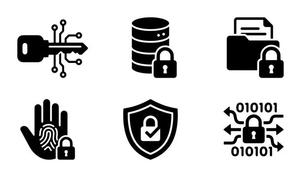 Cybersecurity Icons Set: Digital Key, Database Lock, Fingerprint Scan, Shield, Binary Code, Folder Security - Vector Graphics for Data Protection