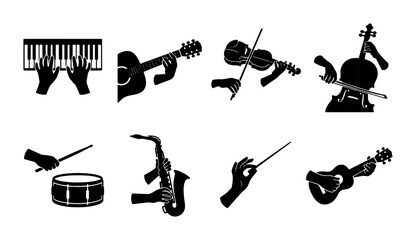 Musical Instruments and Hands Vector Icons Set: Guitar, Violin, Saxophone, Piano, Drums, Conductor, Ukulele, Silhouette Collection for Music Concepts © Saidul