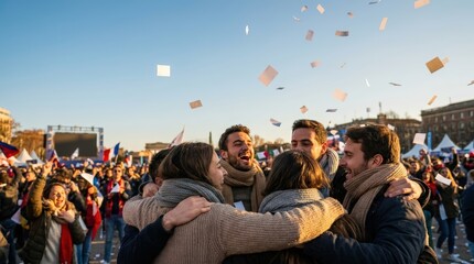 Obraz premium Friends celebrating together in outdoor fan zone after goal