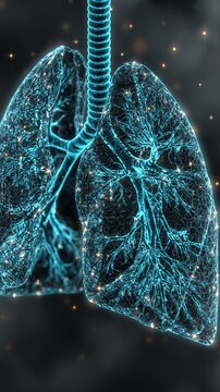 A glowing blue digital rendering of human lungs serves as a medical background for respiratory health and biological study.
