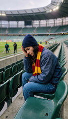 Fototapeta premium Disappointed football fan sitting alone in stadium after match