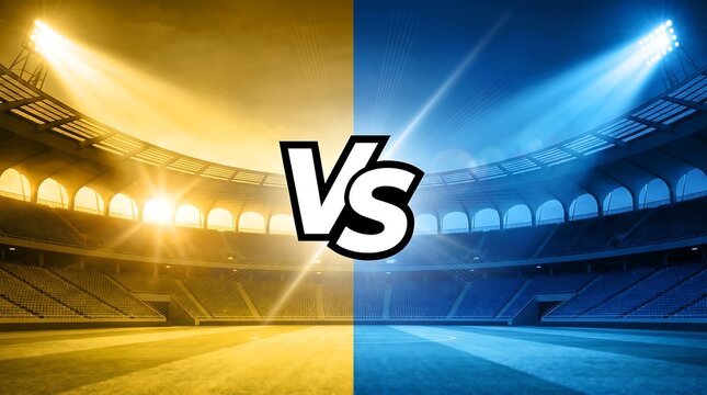 Stadium background with split yellow and blue lighting and versus sign