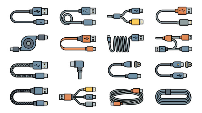 USB Cable Set: Various Connectors and Types for Charging and Data Transfer