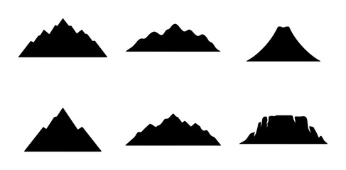 Diverse Mountain Silhouettes Collection, Vector Icons for Landscape Design, Nature Graphics, Outdoor Adventure Themes, and Travel Branding © Muktadir