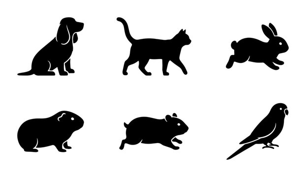 Six Silhouette Vector Icons: Dog, Cat, Rabbit, Guinea Pig, Hamster, Parrot. Pet Animal Graphics for Design