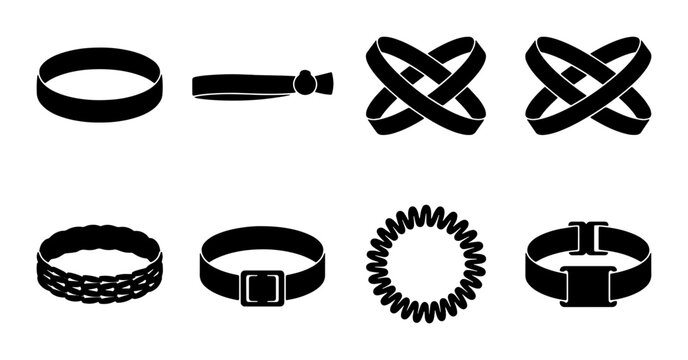 Black Vector Icons: Bracelets, Wristbands, Hair Ties, and Accessories Collection, Simple Line Art for Fashion and Style