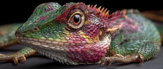 Obraz premium Vividly colored reptile with intricate scales rests against a dark background, showcasing nature's vibrant palette.