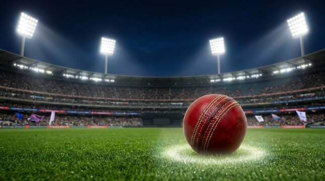 Red cricket ball on green grass of a stadium at night with stadium lights