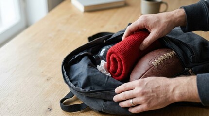 Fototapeta premium Hands Packing Red Scarf and Football into Backpack
