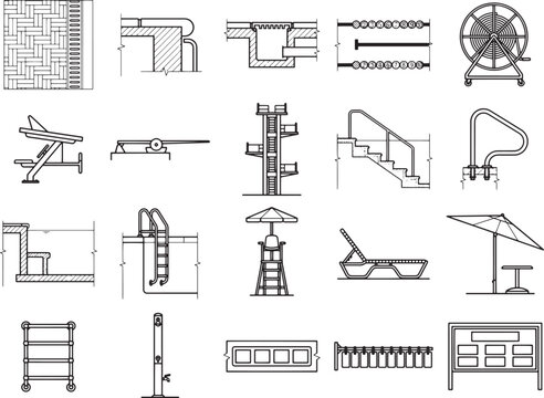 A collection of architectural drawings showcases various swimming pool elements, including a lifeguard tower, diving board, ladders, deck furniture, and fencing.