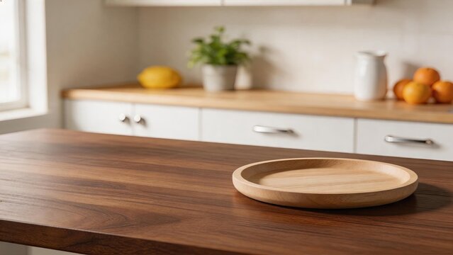 Empty round wooden serving tray on dark kitchen table top with blurred fruit and plant in background, minimal home interior and food presentation concept