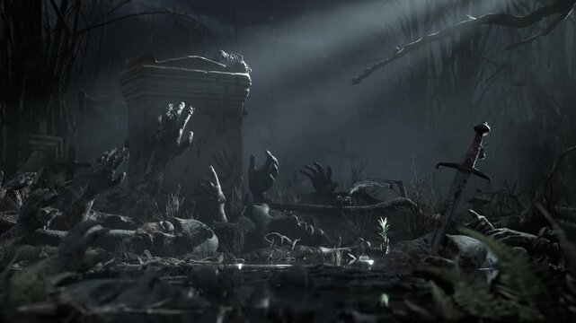 Cinematic graveyard scene with zombie hands rising from earth under moonlight atmosphere.