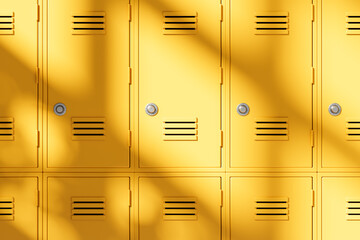 Bright yellow school lockers in sunlight forming an education concept and clean study atmosphere in modern hallway background. 3D Rendering © ImageFlow